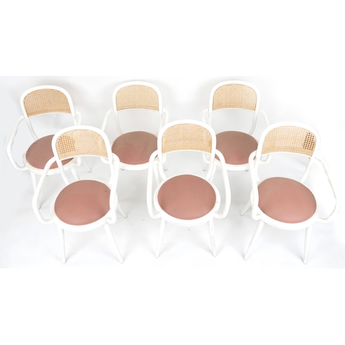 2152 - Set of six Italian bentwood bistro chairs with cane backs and salmon upholstered cushioned seats, ea... 