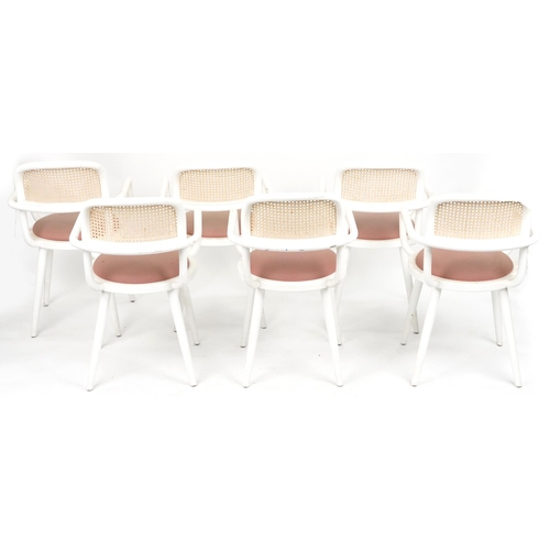 2152 - Set of six Italian bentwood bistro chairs with cane backs and salmon upholstered cushioned seats, ea... 