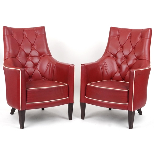 2129 - Pair of contemporary Morgan Furniture armchairs with red button back upholstery, each 98cm high