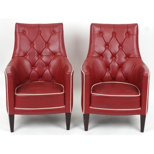 2129 - Pair of contemporary Morgan Furniture armchairs with red button back upholstery, each 98cm high