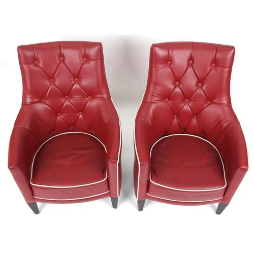 2129 - Pair of contemporary Morgan Furniture armchairs with red button back upholstery, each 98cm high