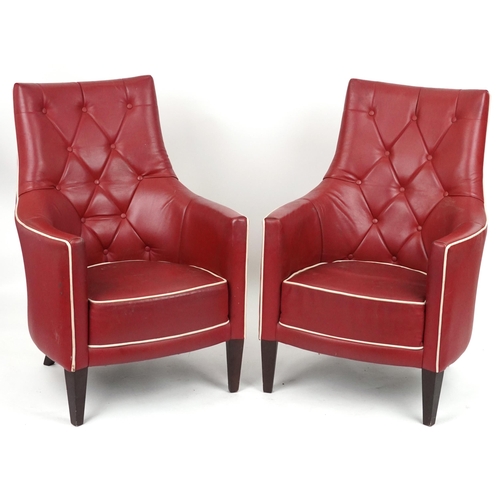 2128 - Pair of contemporary Morgan Furniture armchairs with red button back upholstery, each 98cm high