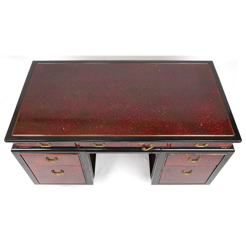 2140 - Chinese red and black lacquered twin pedestal desk with ornate brass handles fitted with an arrangem... 