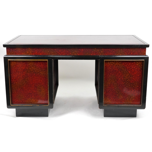 2140 - Chinese red and black lacquered twin pedestal desk with ornate brass handles fitted with an arrangem... 