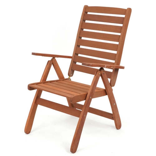 2162 - Adjustable campaign style slatted teak garden chair, 106cm high