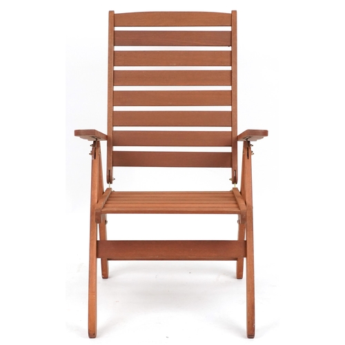 2162 - Adjustable campaign style slatted teak garden chair, 106cm high