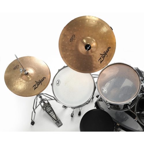 1001 - Pearl Export Drum Kit, Zildjian cymbals: 12 and 13” Toms, 16” Floor Tom, Base Drum and pedal, 14” Sn... 