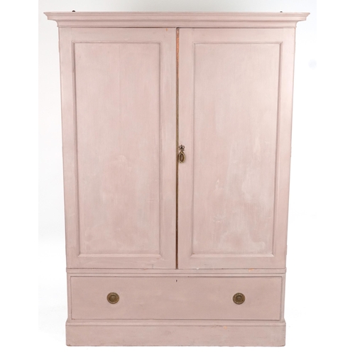 2057 - Antique shabby chic linen fold wardrobe with ornate brass mounts and base drawer, 184cm H x 133.5cm ... 