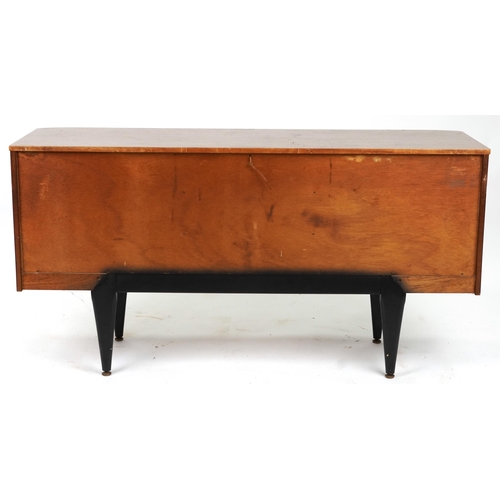 2144 - 1960s Formica sideboard fitted with three doors, on tapering ebonised legs, 78cm H x 150.5cm W x 44.... 