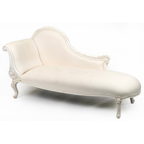 2048 - Contemporary French style chaise longue with striped cream upholstery on carved cabriole legs with f... 