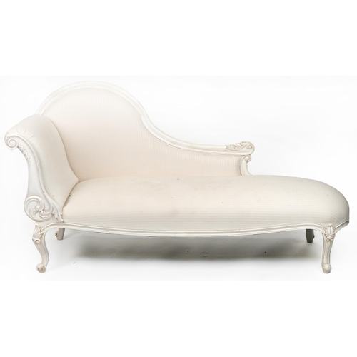 2048 - Contemporary French style chaise longue with striped cream upholstery on carved cabriole legs with f... 