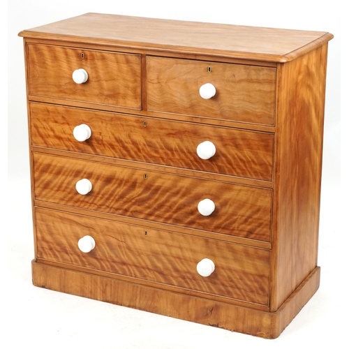 2062 - Victorian statin wood five drawer chest with white ceramic handles, 104cm H x 106cm W x 50.5cm D