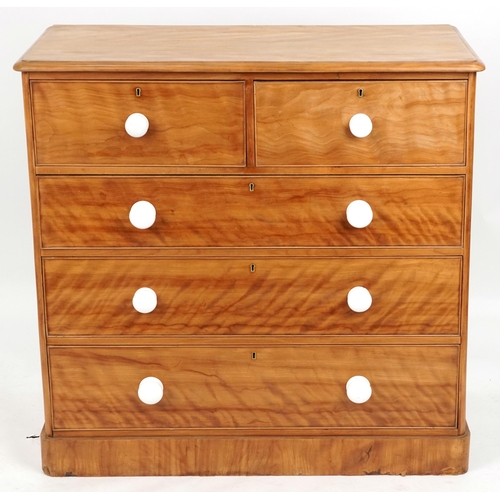 2062 - Victorian statin wood five drawer chest with white ceramic handles, 104cm H x 106cm W x 50.5cm D