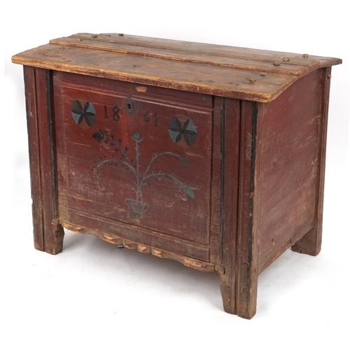 2064 - Antique Swedish folk art chest hand painted with flowers, inscribed 1861, 100cm H x 124cm W x 78cm D