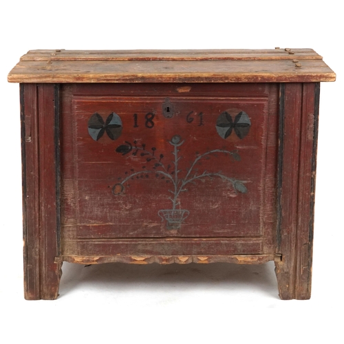 2064 - Antique Swedish folk art chest hand painted with flowers, inscribed 1861, 100cm H x 124cm W x 78cm D