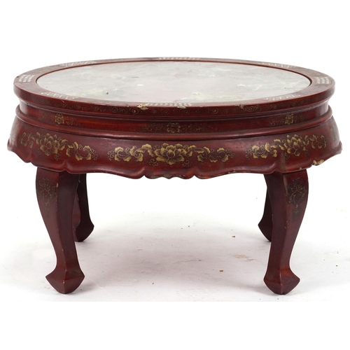 2039 - Chinese red lacquered chinoiserie centre table with inset glass top, mother of pearl and hardstone i... 