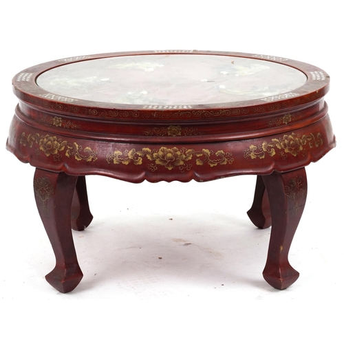 2039 - Chinese red lacquered chinoiserie centre table with inset glass top, mother of pearl and hardstone i... 