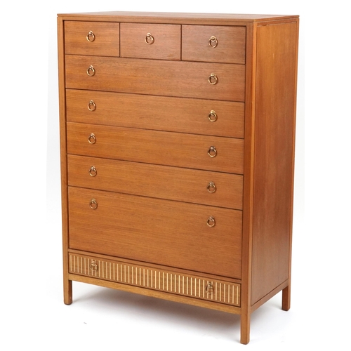 2065 - Loughborough, mid century teak eight drawer chest with brass inlay, 130cm H x 91.5cm W x 46cm D