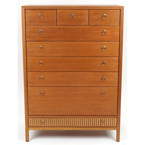 2065 - Loughborough, mid century teak eight drawer chest with brass inlay, 130cm H x 91.5cm W x 46cm D