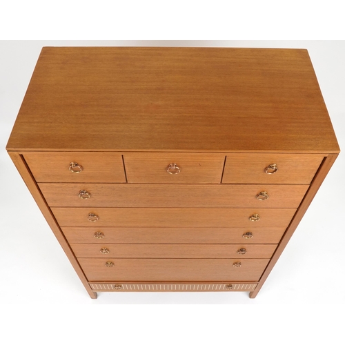 2065 - Loughborough, mid century teak eight drawer chest with brass inlay, 130cm H x 91.5cm W x 46cm D