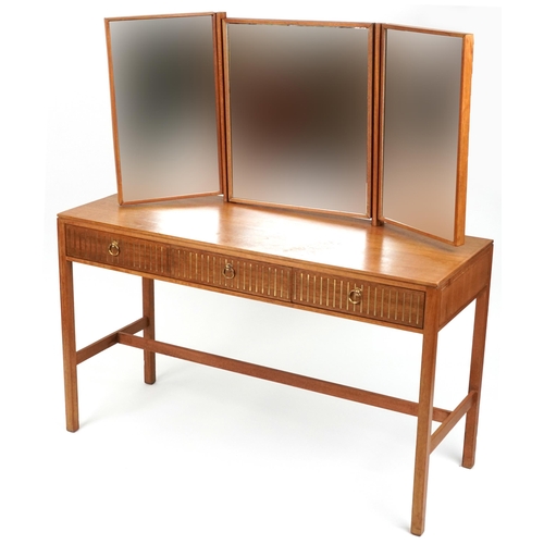 2066 - Loughborough, mid century teak three drawer dressing table with triple aspect folding mirror and bra... 