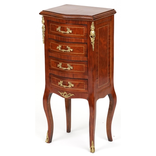 2067 - French Louis XV style inlaid four drawer serpentine nightstand with gilt metal mounts on cabriole le... 