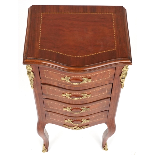 2067 - French Louis XV style inlaid four drawer serpentine nightstand with gilt metal mounts on cabriole le... 