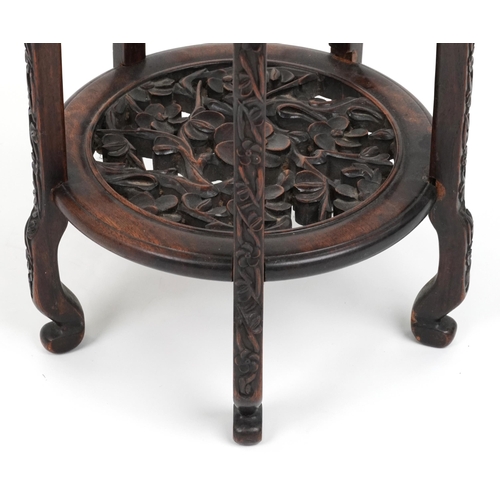 2044 - Chinese hardwood stand with pierced floral carved under tier, possibly Hongmu, 47.5cm H x 31cm in di... 