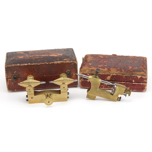 372 - Two antique horological interest watchmaker's brass depthing tools housed in silk lined fitted cases... 