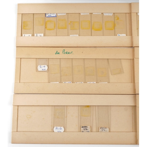 361 - Collection of scientific microscopic prepared glass slides of diamond dust with compliment slip from... 