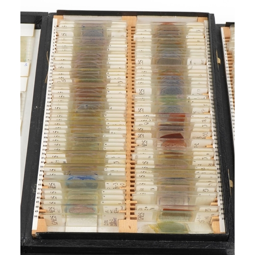 363 - Large collection of scientific microscopic prepared glass slides arranged in four cases including tr... 