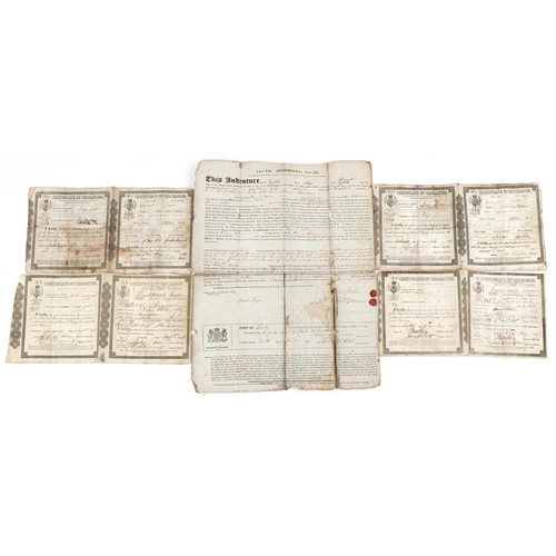 1406 - Victorian naval ephemera comprising Indenture of Apprenticeship Mariner and four Certificates of Cha... 