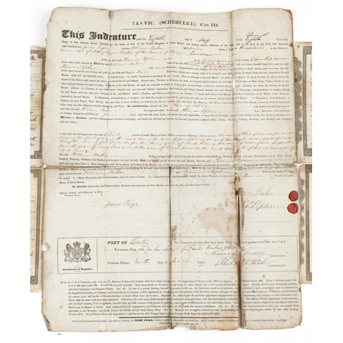 1406 - Victorian naval ephemera comprising Indenture of Apprenticeship Mariner and four Certificates of Cha... 