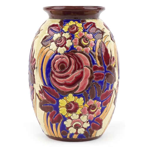 151 - Boch Freres, French Art Deco vase enamelled with stylised flowers, numbered 1270 to the base, 24.5cm... 