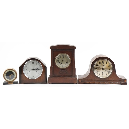 2605 - Four mantle clocks including oak cased Napoleon hat shaped Westminster chiming example, the largest ... 