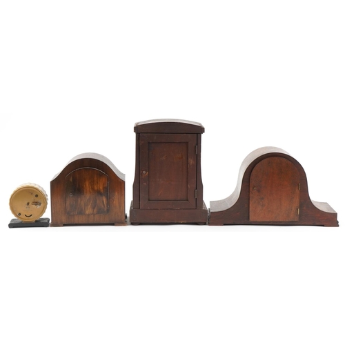 2605 - Four mantle clocks including oak cased Napoleon hat shaped Westminster chiming example, the largest ... 