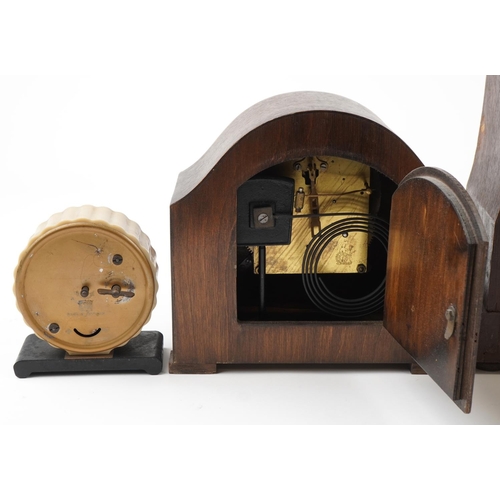 2605 - Four mantle clocks including oak cased Napoleon hat shaped Westminster chiming example, the largest ... 