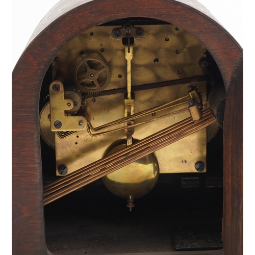 2605 - Four mantle clocks including oak cased Napoleon hat shaped Westminster chiming example, the largest ... 