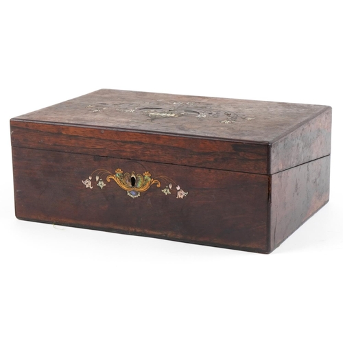 2630 - Regency rosewood workbox with abalone inlay depicting flowers in a vase, 14cm H x 36cm W x 24cm D