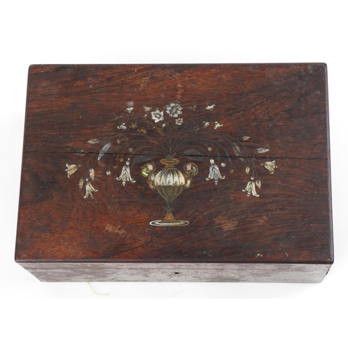 2630 - Regency rosewood workbox with abalone inlay depicting flowers in a vase, 14cm H x 36cm W x 24cm D