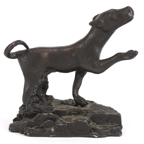 422 - Antique patinated bronze dog on later base, probably Roman, 5.5cm in length