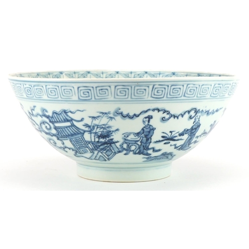 2335 - Chinese blue and white porcelain bowl hand painted with figures in a palace setting, 27cm in diamete... 