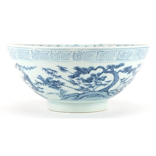 2335 - Chinese blue and white porcelain bowl hand painted with figures in a palace setting, 27cm in diamete... 