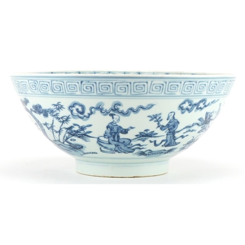 2335 - Chinese blue and white porcelain bowl hand painted with figures in a palace setting, 27cm in diamete... 