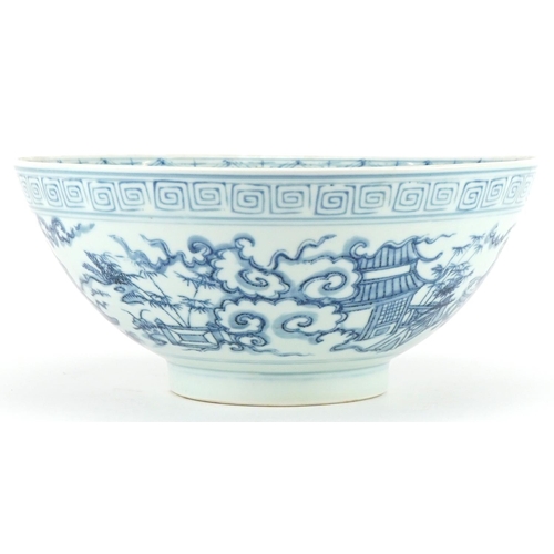 2335 - Chinese blue and white porcelain bowl hand painted with figures in a palace setting, 27cm in diamete... 