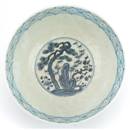 2335 - Chinese blue and white porcelain bowl hand painted with figures in a palace setting, 27cm in diamete... 