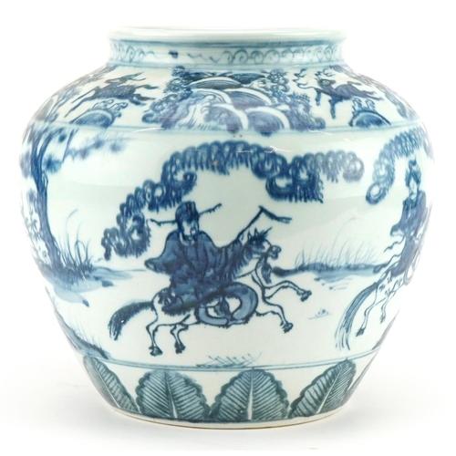 719 - Chinese blue and white porcelain vase hand painted with warriors in a landscape, 24cm high