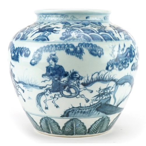 719 - Chinese blue and white porcelain vase hand painted with warriors in a landscape, 24cm high