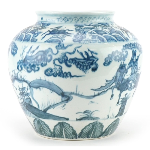 719 - Chinese blue and white porcelain vase hand painted with warriors in a landscape, 24cm high