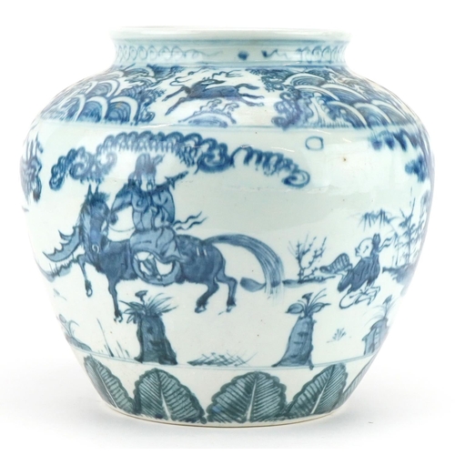 719 - Chinese blue and white porcelain vase hand painted with warriors in a landscape, 24cm high